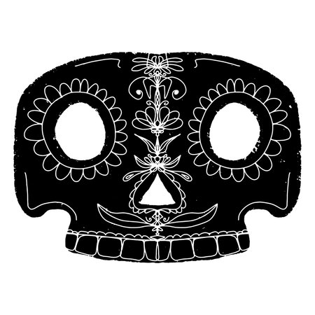 Skull with Santa Muerte patterns. Graphics, stylization, linocut. Vector element.のイラスト素材