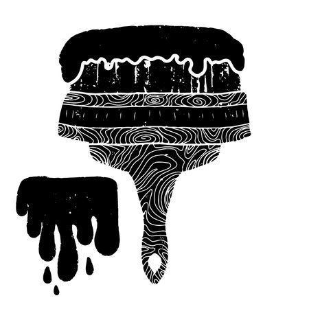 A paint brush smeared with paint, a blot, dripping. Graphics, linocut. Vector element.のイラスト素材