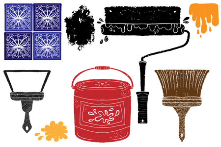 Repair goods, brushes, roller, paint, tiles. Graphics, linocut. Vector set of elements.のイラスト素材