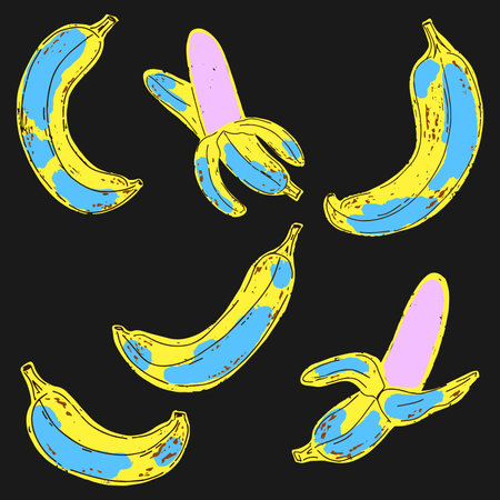 Stylized bananas, texture, crayon, cartoon style, doodle. Exotic tropical fruit. Vector collection.のイラスト素材
