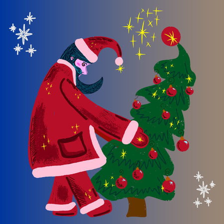 Santa with a blue beard adjusts the Christmas tree. Drawing in cartoon style, crayon texture. Vector.のイラスト素材