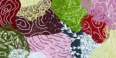 Vector frame with abstract texture spots, organic shapes, collage, patchwork. Hand drawn colored...
