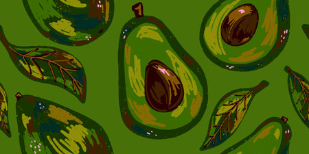 Textured avocados. Tropical exotic pattern. Cartoon style. Hand drawn elements. Vector seamless...