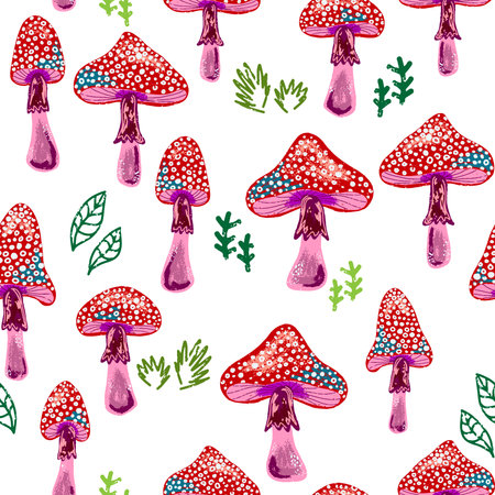 Texture mushrooms, fly agarics. Mushroom organic pattern. Cartoon style. Hand drawn elements. Vector...