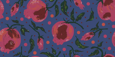 Pomegranates with leaves. Texture fruits. Plant organic pattern. Cartoon style. Hand drawn elements. Vector seamless overlapping pattern.のイラスト素材