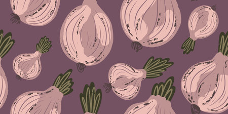 Texture bulbs. Vegetable pattern. Cartoon style. Hand drawn elements. Vector seamless overlapping pattern.のイラスト素材