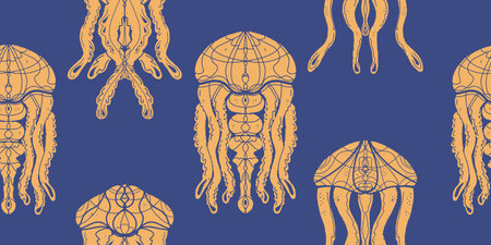 Stylized jellyfish graphics linocut texture. Texture print. Vector overlapping seamless patternのイラスト素材