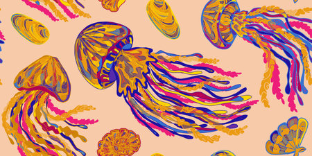 Wavy Jellyfish Colorful Tropical Sea Animals. Vector seamless overlapping pattern.
