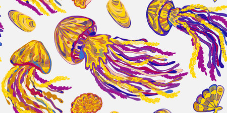 Wavy Jellyfish Colorful Tropical Sea Animals. Vector seamless overlapping pattern.のイラスト素材