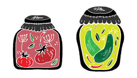 Jars of cucumbers and tomatoes. Linocut style element texture surface vectorのイラスト素材