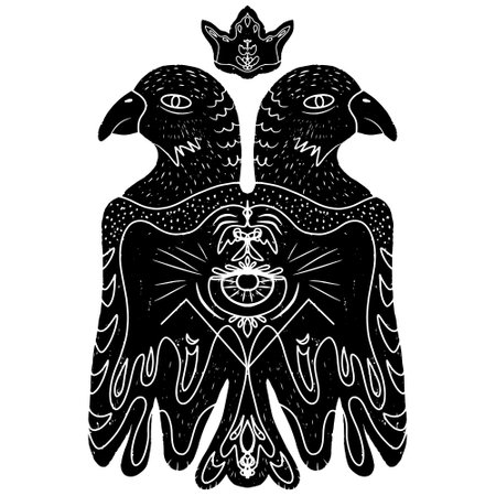 Two-headed bird in a crown and with a mystical fantasy eye. Linocut style element texture surface vectorのイラスト素材