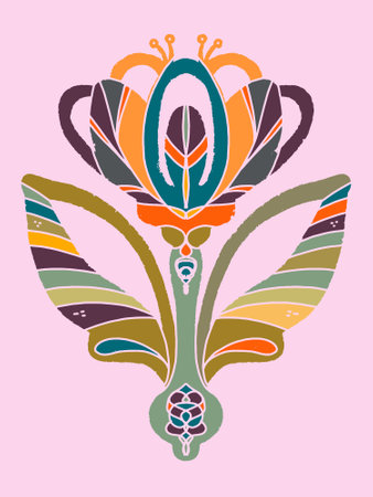 Retro Texture Ethnic Folk Art Flower Linocut Abstract style, fantasy color. Poster, postcard. vector elementのイラスト素材