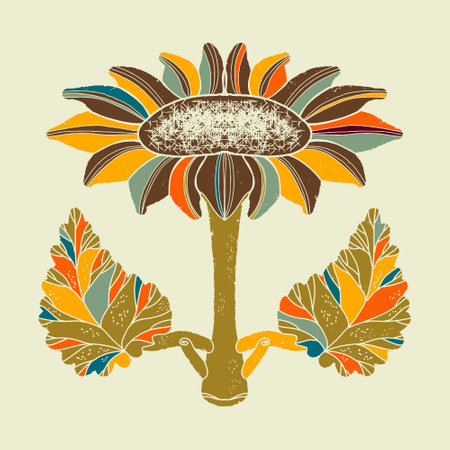 Retro Texture Ethnic Folk Art Flower Linocut Abstract style, fantasy color. Poster, postcard. vector elementのイラスト素材