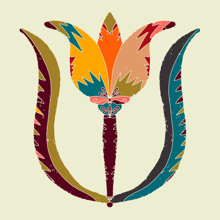 Retro Texture Ethnic Folk Art Flower Linocut Abstract style, fantasy color. Poster, postcard. vector elementのイラスト素材