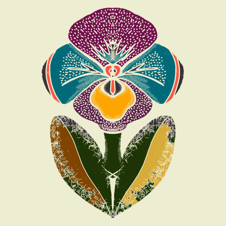 Retro Texture Ethnic Folk Art Flower Linocut Abstract style, fantasy color. Poster, postcard. vector elementのイラスト素材