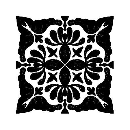 Intricate black pattern with symmetrical ornamental pattern in linocut style. Grunge texture tile shape. vector elementのイラスト素材