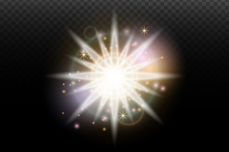 Light flash effect with flares and glow on a transparent background. Magical glow, shining light, star, optical flares for design, photomontage, New Year, and festive projects.のイラスト素材
