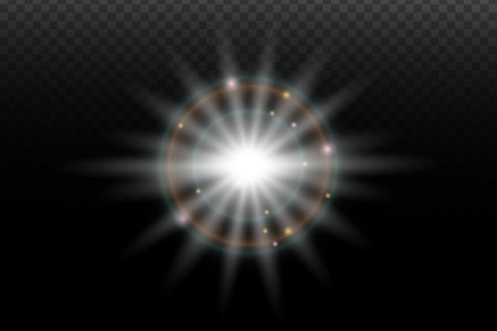 Light flash effect with flares and glow on a transparent background. Magical glow, shining light, star, optical flares for design, photomontage, New Year, and festive projects.のイラスト素材