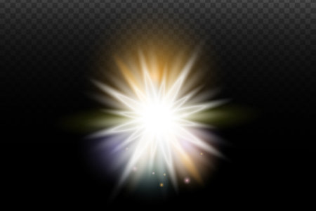 Light flash effect with flares and glow on a transparent background. Magical glow, shining light, star, optical flares for design, photomontage, New Year, and festive projects.のイラスト素材