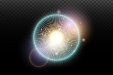 Light flash effect with flares and glow on a transparent background. Magical glow, shining light, star, optical flares for design, photomontage, New Year, and festive projects.のイラスト素材