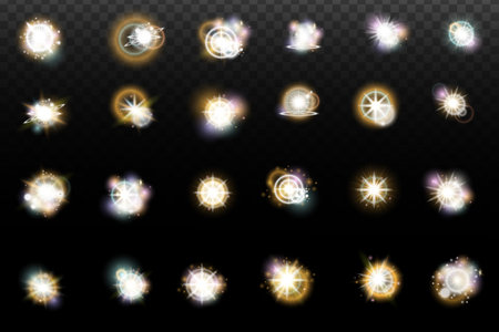 Set of flash light effect with glare and glow on a transparent background. Magic, rainbow glow, shining light, stars, optical flares for design, photomontage, New Year and holiday projects.のイラスト素材