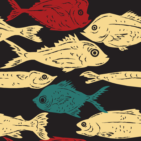 Seamless pattern featuring stylized fish in a linocut or hand-printed graphic style. A decorative, repeatable design perfect for packaging, textiles, restaurant branding, interior decor, and nautical-themed projects.の写真素材