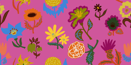 Flower in naive style, hand drawn illustration. Retro style casual element. Seamless pattern