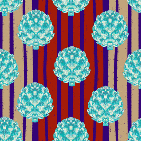 Seamless pattern with hand-drawn artichokes on abstract stripes background. A blend of vintage and modern sketch style inspired by Mediterranean aestheticsの写真素材