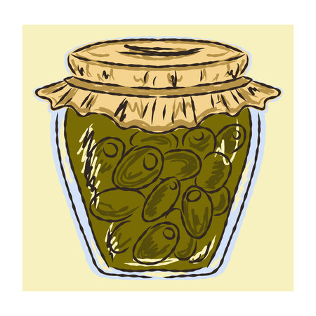 Hand drawn jar with preserved fruits or vegetables. Autumn harvest concept in sketchy vector style. Perfect for seasonal food illustrations, recipes and cozy kitchen designsのイラスト素材