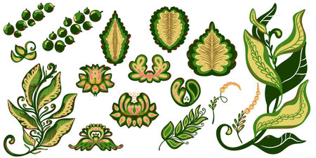 A collection of vintage style hand drawn botanical decorative elements. Elegant swirls, scrolls and floral patterns. Perfect for invitations, labels, packaging and holiday decoration.のイラスト素材