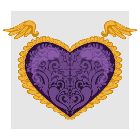 Ornamental purple heart with golden wings and decorative floral pattern. Romantic vector design for Valentine's Day, love cards, and wedding invitations.のイラスト素材