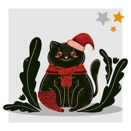 Adorable black cat in hat and scarf, with Christmas sock, in winter decorations with leaves and stars, in cozy folk art styleのイラスト素材