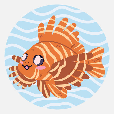 Cute kawaii lionfish in cartoon style. Funny sea character for kids designs, posters, stickers and printed productsのイラスト素材