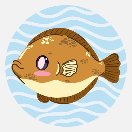 Cute kawaii flounder fish in cartoon style. Funny sea character for kids designs, posters, stickers and printed productsのイラスト素材