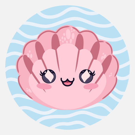 Cute kawaii scallop shell in cartoon style. Funny sea character for kids designs, posters, stickers and printed productsのイラスト素材