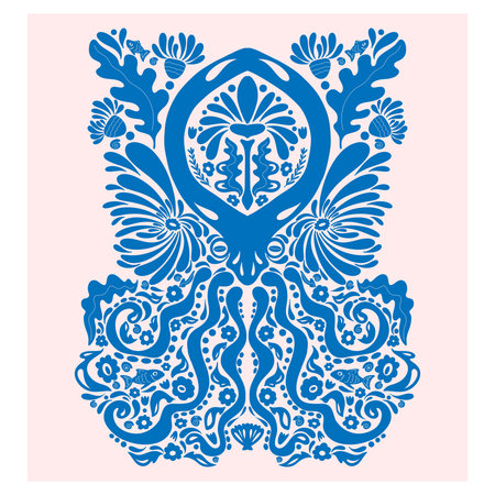 Octopus. Folk-style pattern, symmetrical, detailed vector element. Rustic, Scandinavian style, folk...