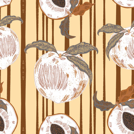 Seamless pattern with peaches and leaves in a hand-drawn line-art style. Inspired by Mediterranean...