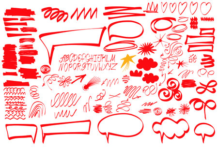 Doodle set of sketch elements of arrows, stars, clouds, frames, speech bubbles, lines, icons, hand-drawn elements for design, decoration, highlighting and notesのイラスト素材