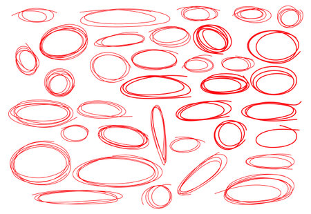 A set of thirty two hand drawn red ellipses and ovals. Marker or pencil sketch elements for highlighting text, notes, corrections, and annotations. Perfect for web design, presentations, and educational materialsのイラスト素材