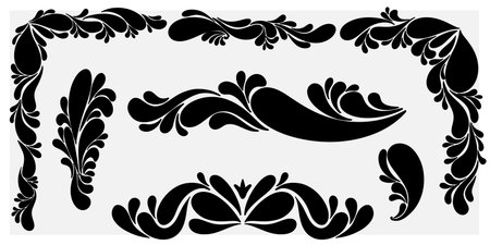 A set of seven decorative vignettes and corner elements. An abstract pattern of teardrop-shaped swirls in a monochrome silhouette, perfect for decorating frames, borders, invitations, and certificates.のイラスト素材