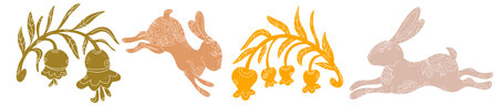 A set with textured animals and plants. Spring ornaments, Easter spirit, spring and holidays. Country style, folk artのイラスト素材