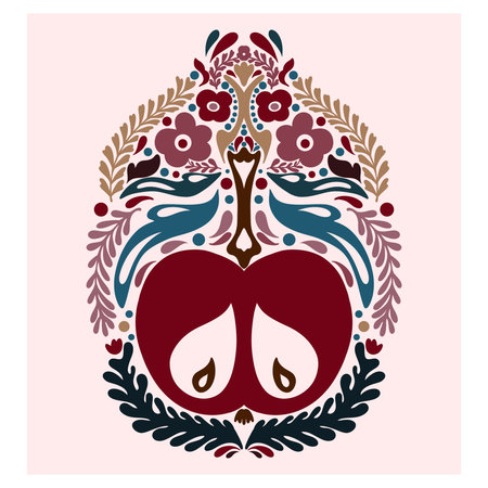Half an apple. Folk-style pattern, symmetrical, detailed vector element. Rustic, Scandinavian style, folk painting.のイラスト素材