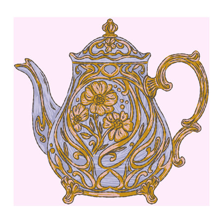 Vintage hand-drawn illustration of a teapot in a sketchy style with strong contour lines and colorful textured brush strokes.のイラスト素材