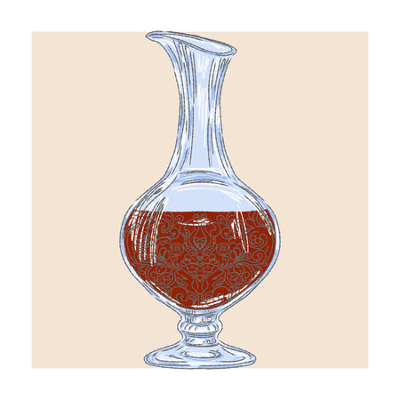 A vintage hand-drawn illustration of a wine decanter, executed in a sketchy style with clean contour lines and colorful textured brush strokes.のイラスト素材