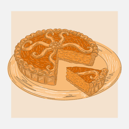 Vintage hand-drawn illustration of a pumpkin pie with a slice, done in a sketchy style with clean contour lines and colorful textured brush strokes.のイラスト素材