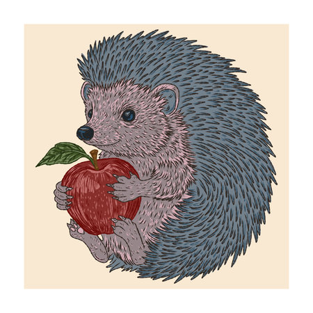 A vintage hand-drawn illustration of a hedgehog holding an apple, executed in a sketchy style with clean contour lines and colorful textured brush strokes.のイラスト素材