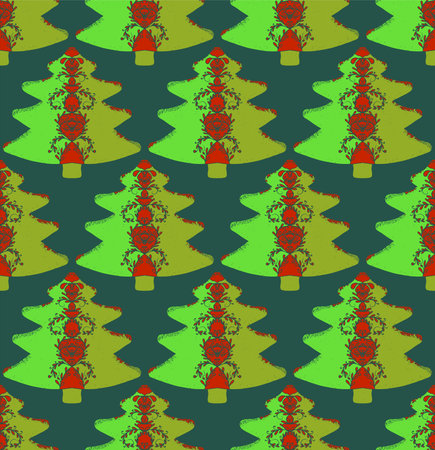 Seamless pattern with stylized Christmas trees in linocut and rustic style. Naive hand-drawn design with embroidery elements, perfect for holiday decor, textiles and winter-themed projects.の写真素材