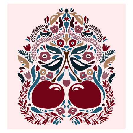 Cherry. Folk-style pattern, symmetrical, detailed vector element. Rustic, Scandinavian style, folk painting.のイラスト素材