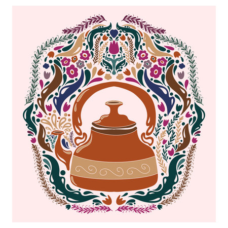 Teapot. Folk-style pattern, symmetrical, detailed vector element. Rustic, Scandinavian style, folk painting.のイラスト素材