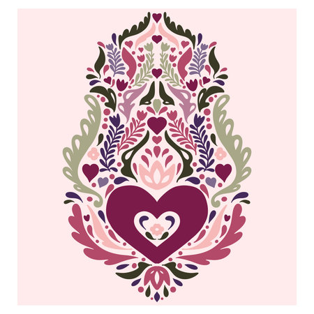 Heart. Folk-style pattern, symmetrical, detailed vector element. Rustic, Scandinavian style, folk painting.のイラスト素材